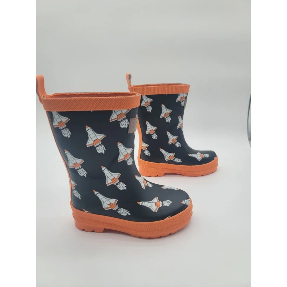 Hatley Space Shuttle Rain Boots Kids Size 8 Navy Orange Waterproof Rubber